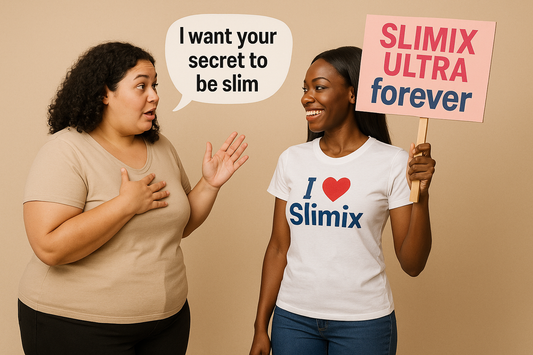 Une femme metisse en surpoids qui est debout et dit à sa copine en face d'elle je veux ton secret pour etre slim. 
La copine a une belle silhouette proportionnée et afro-américaine, elle est debout en face et porte un tshirt ou il est marque lisiblement "I love Slimix" et tient en l'air une pancarte rose et bleue qui porte " Slimix Ultra forever"