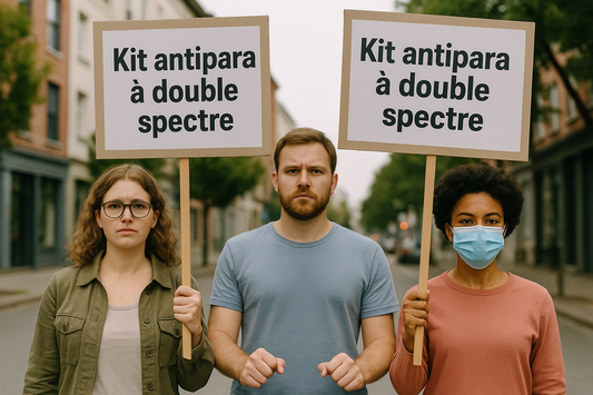 Une vignette de vermifuge avec trois personnes manifestant dans la rue , ils portent des pancartes sur lesquelles sont ecrits : Kit antipara a double spectre 